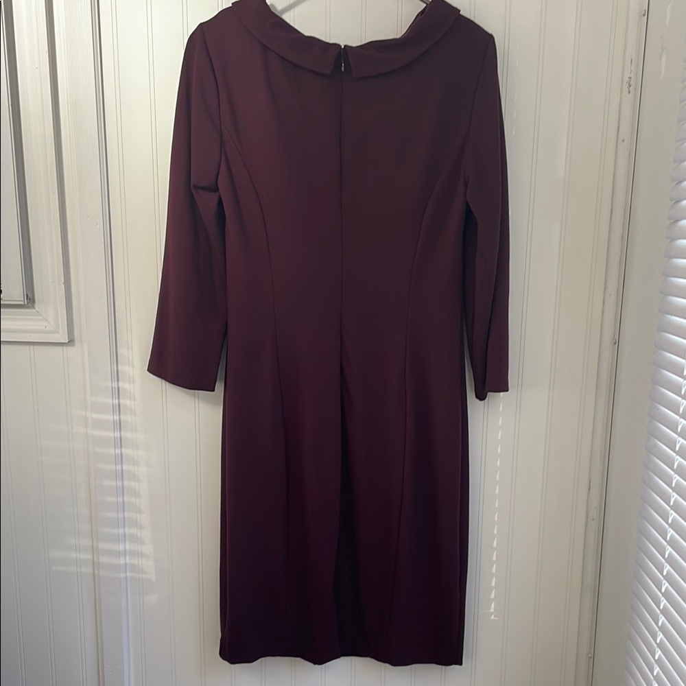 Talbots Ponte Knit 3/4 Sleeves Plum Burgundy Dress Cowl Neck Midi Stretch Size 8 - Picture 8 of 16